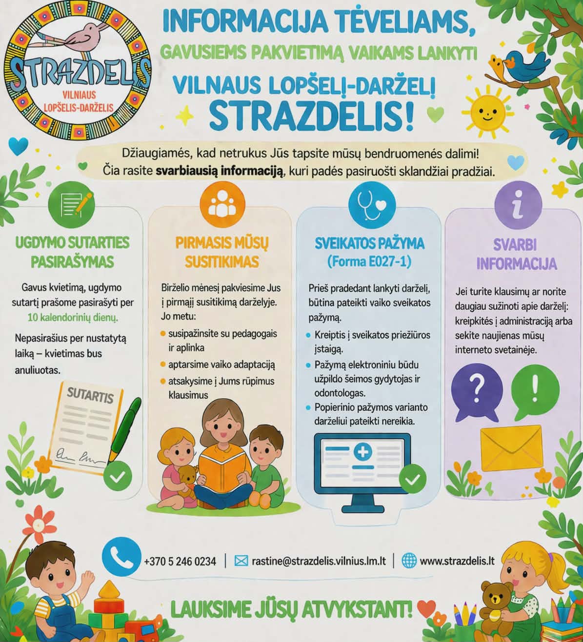 Informacija tėveliams, gavusiems pakvietimą vaikams lankyti  Vilniaus lopšelį-darželį „STRAZDELIS“